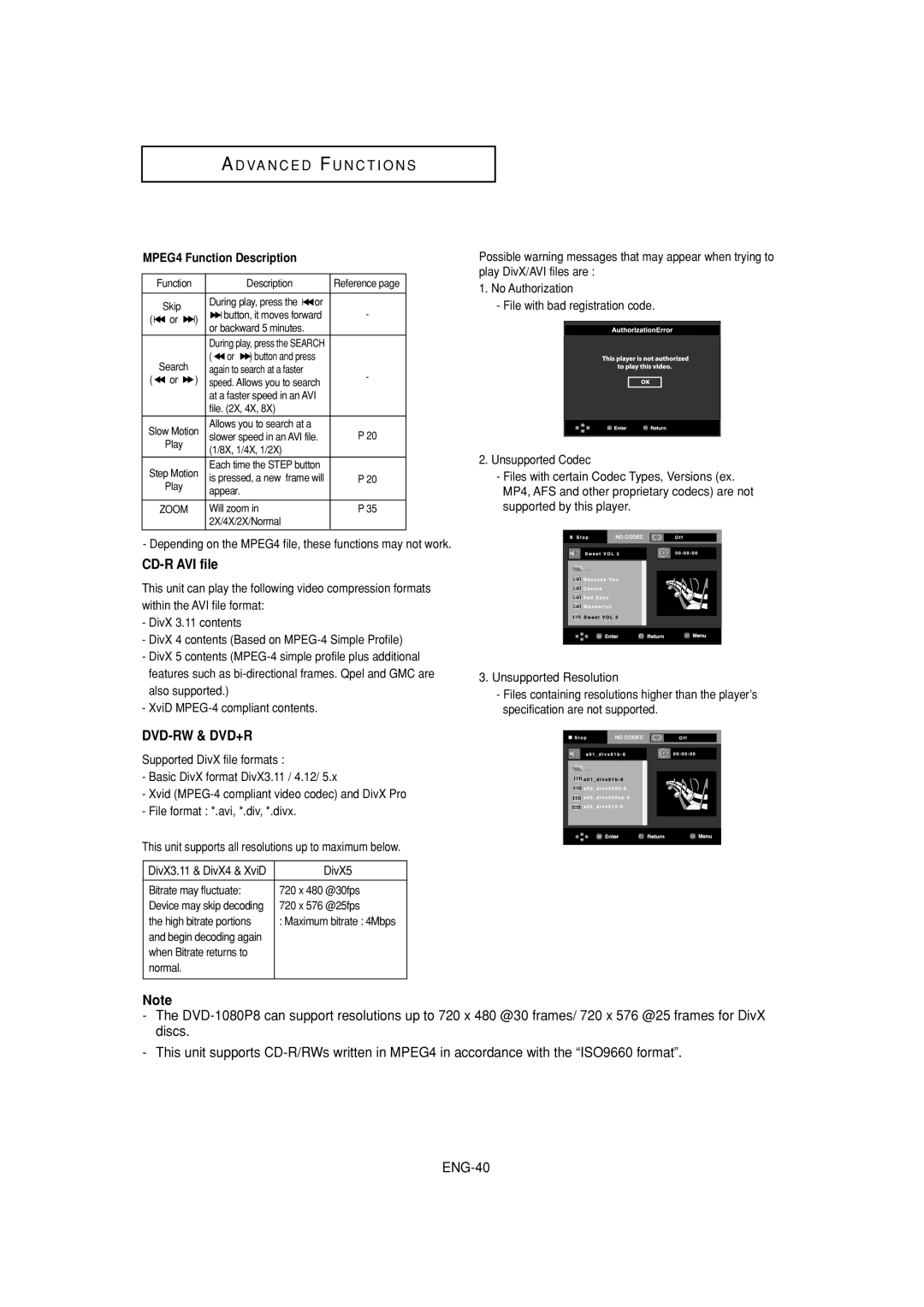 Samsung DVD-1080P8 manual CD-R AVI file, MPEG4 Function Description, DivX5 