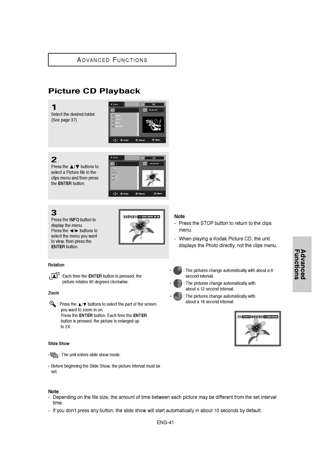 Samsung DVD-1080P8 manual Picture CD Playback, Rotation, Zoom, Slide Show 