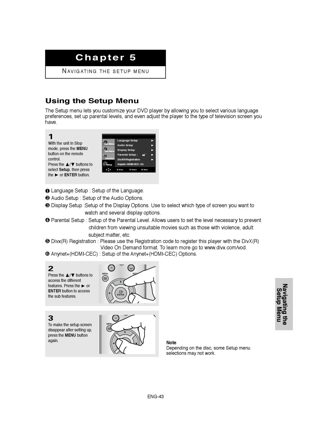 Samsung DVD-1080P8 manual Using the Setup Menu, Press the / buttons to, Features. Press 