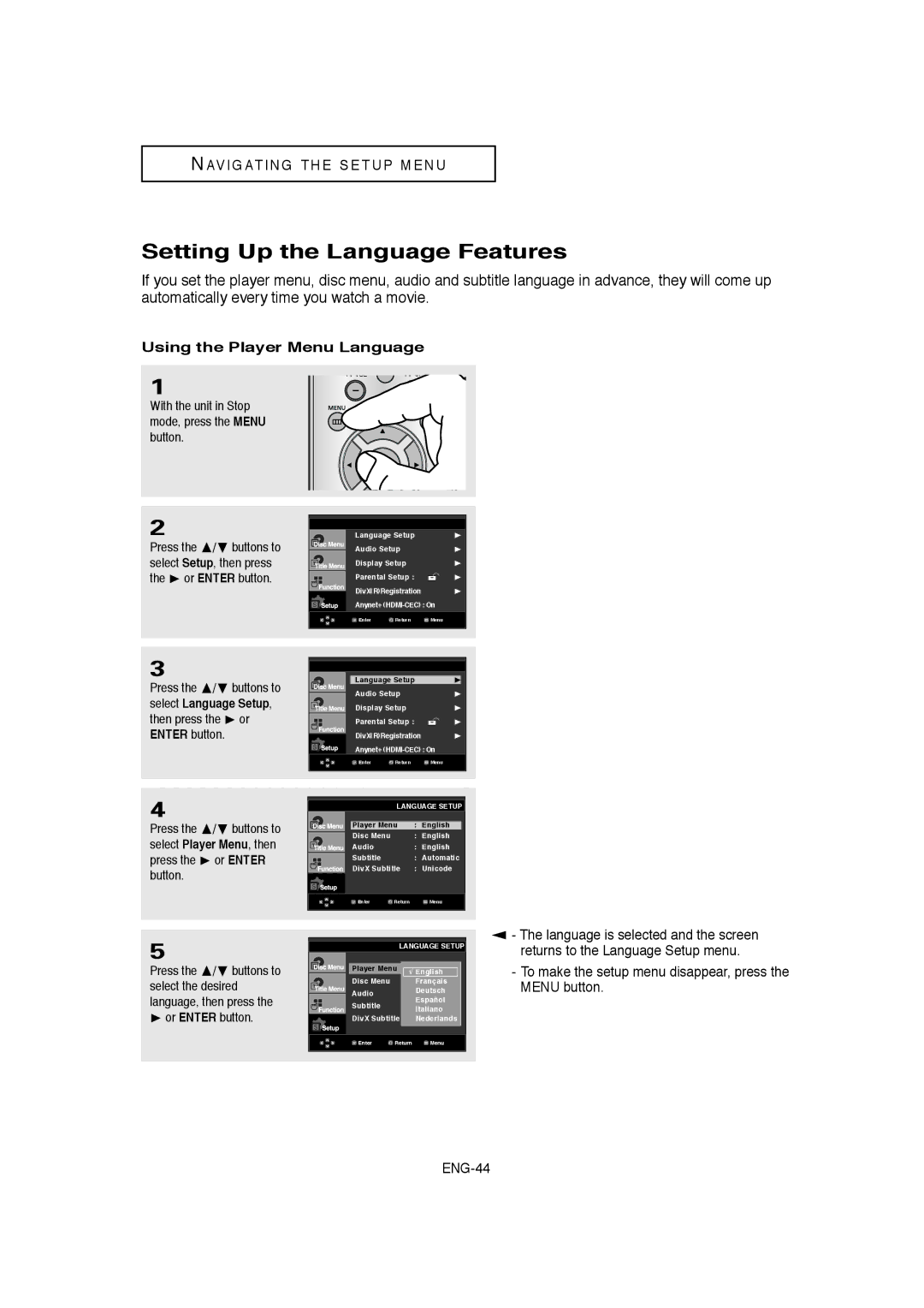 Samsung DVD-1080P8 manual Setting Up the Language Features, Using the Player Menu Language, Or Enter button 