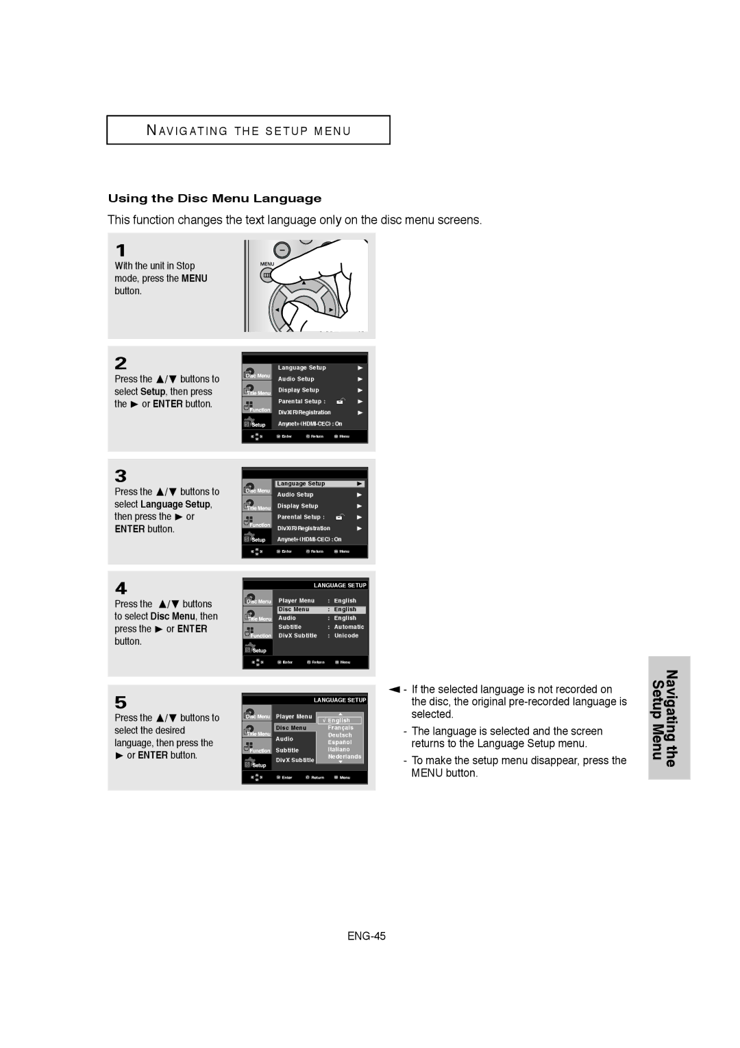 Samsung DVD-1080P8 manual Navigating Setup Menu, Using the Disc Menu Language, If the selected language is not recorded on 