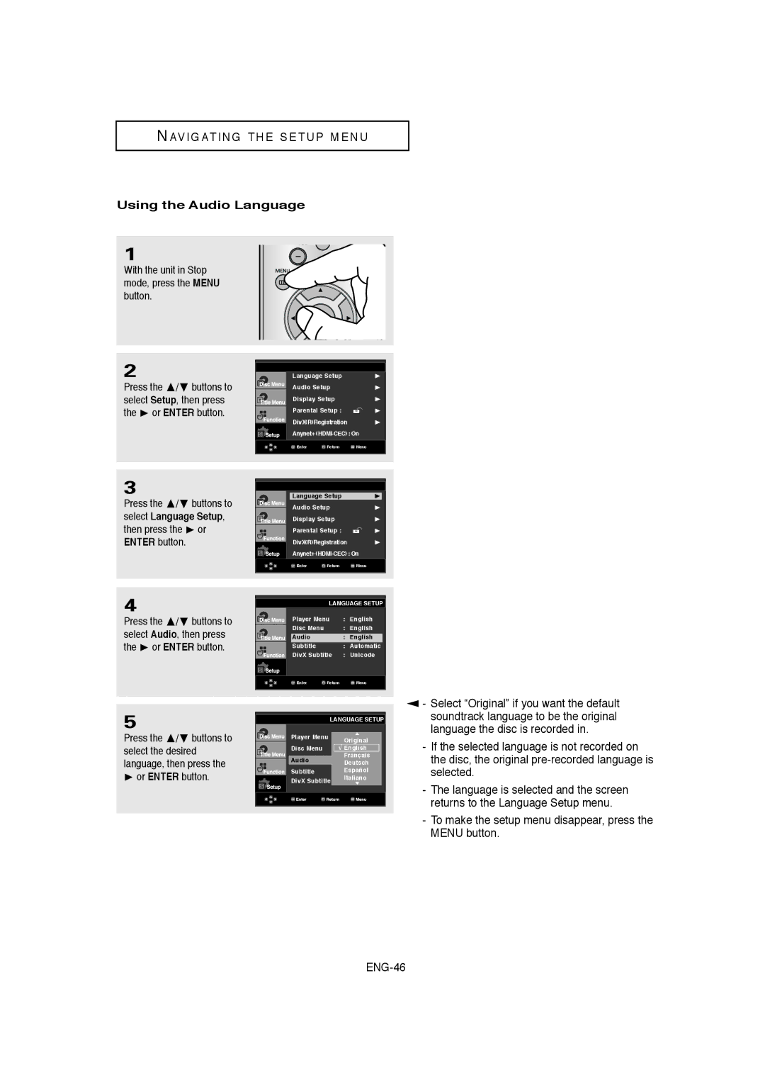 Samsung DVD-1080P8 manual Using the Audio Language, Then press Enter button 