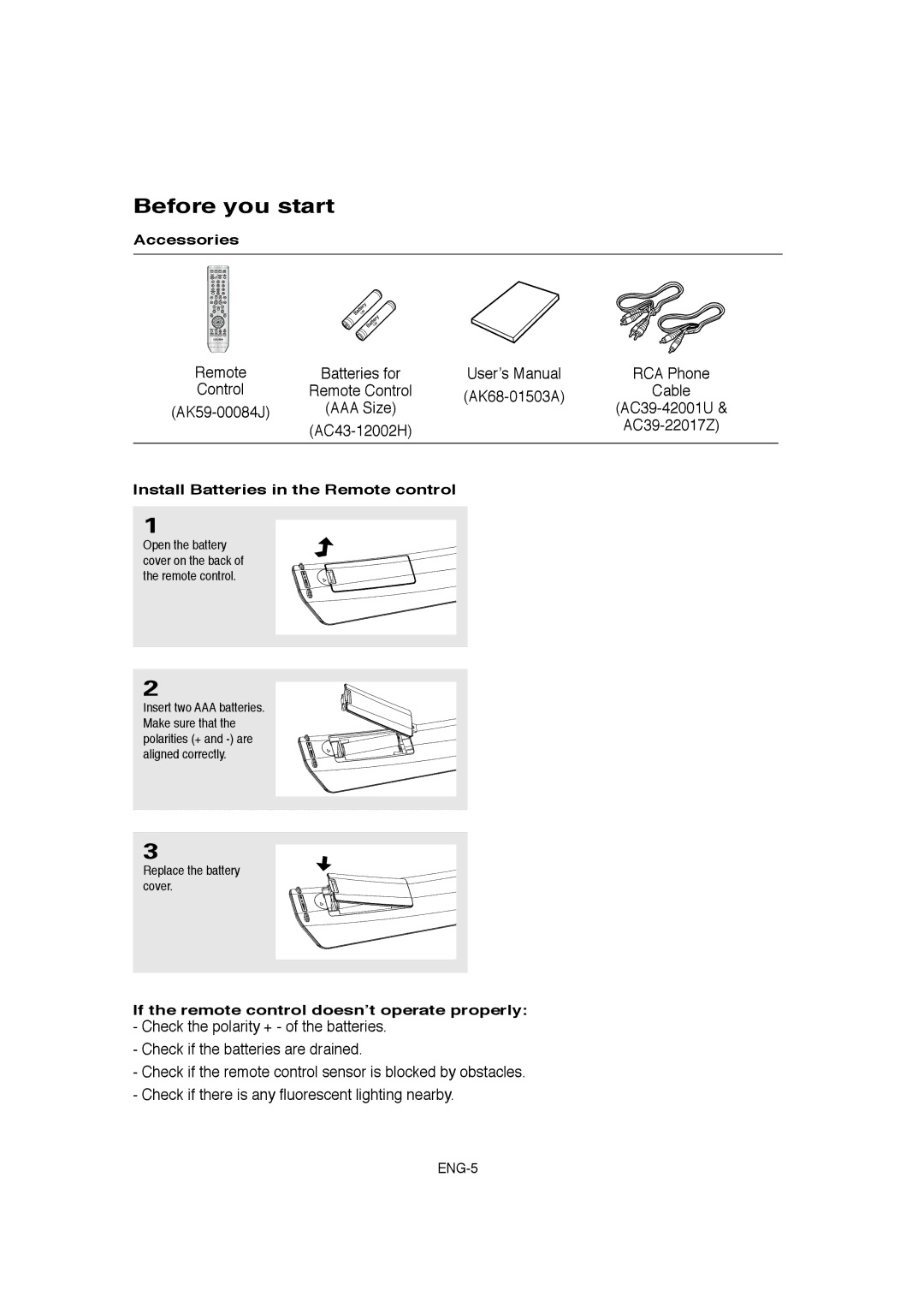 Samsung DVD-1080P8 manual Before you start, Accessories, Install Batteries in the Remote control, Replace the battery cover 