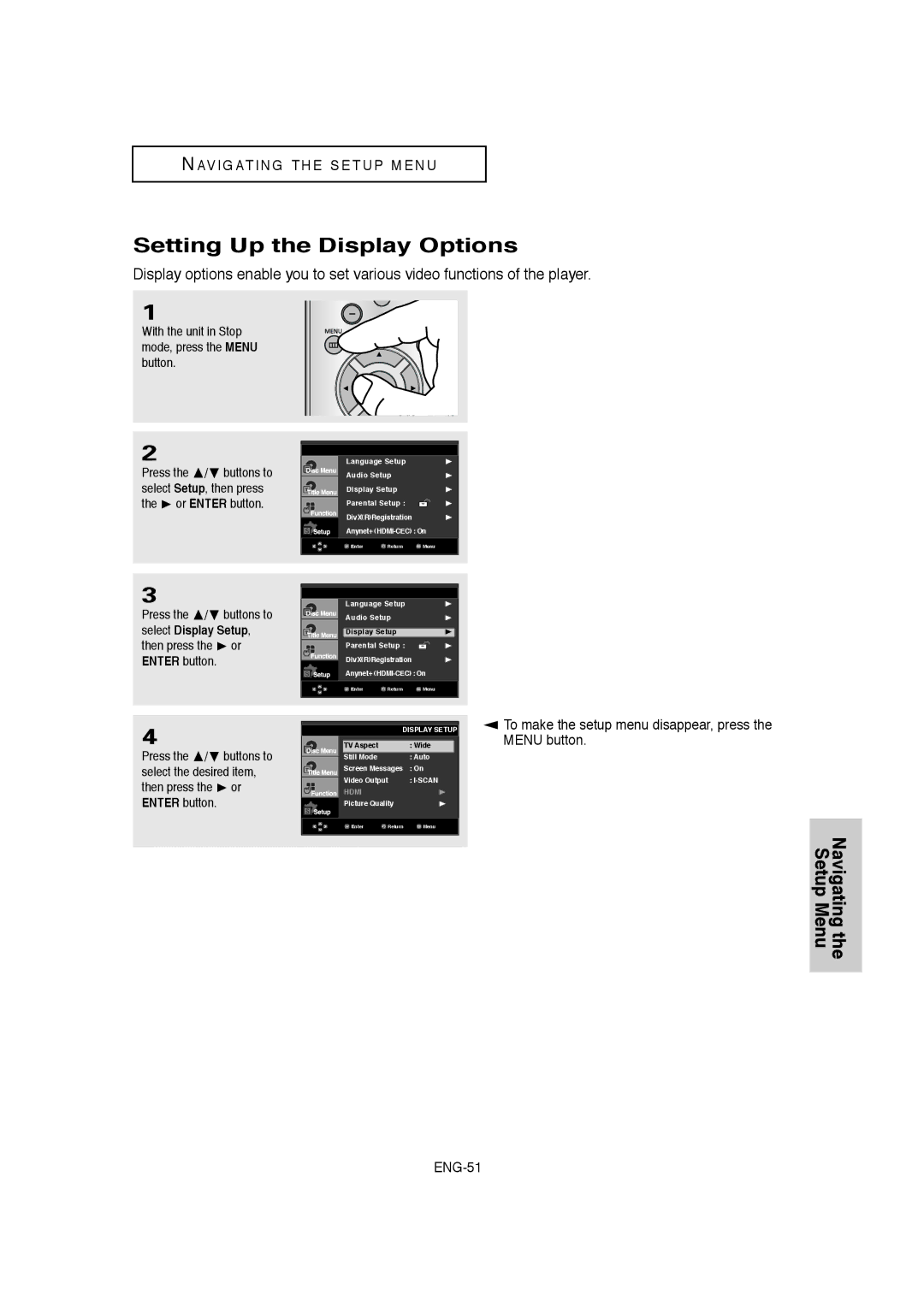 Samsung DVD-1080P8 manual Setting Up the Display Options, Select Display Setup, Then press Enter button Press 