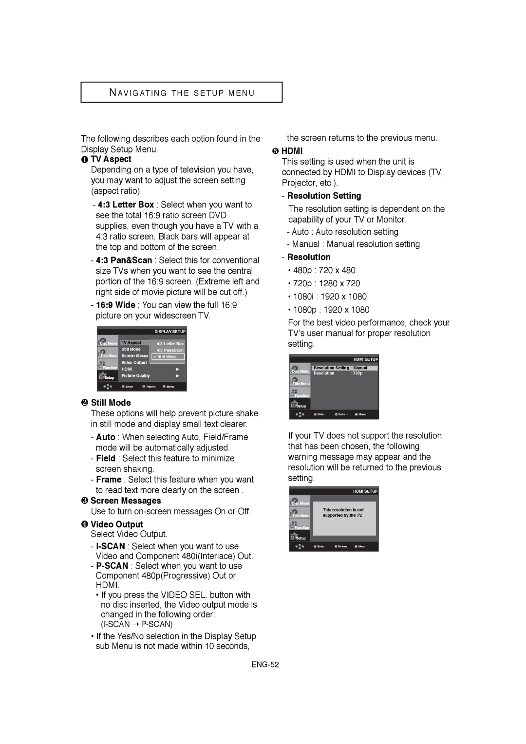 Samsung DVD-1080P8 ❶ TV Aspect, ❷ Still Mode, ❸ Screen Messages, ❹ Video Output Select Video Output, Resolution Setting 