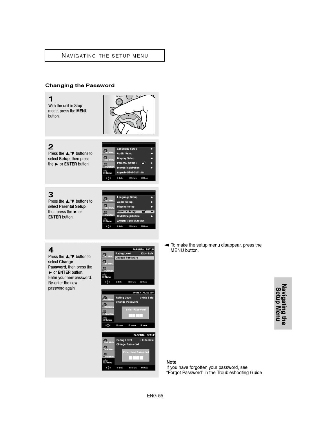 Samsung DVD-1080P8 manual Changing the Password, Or Enter button 