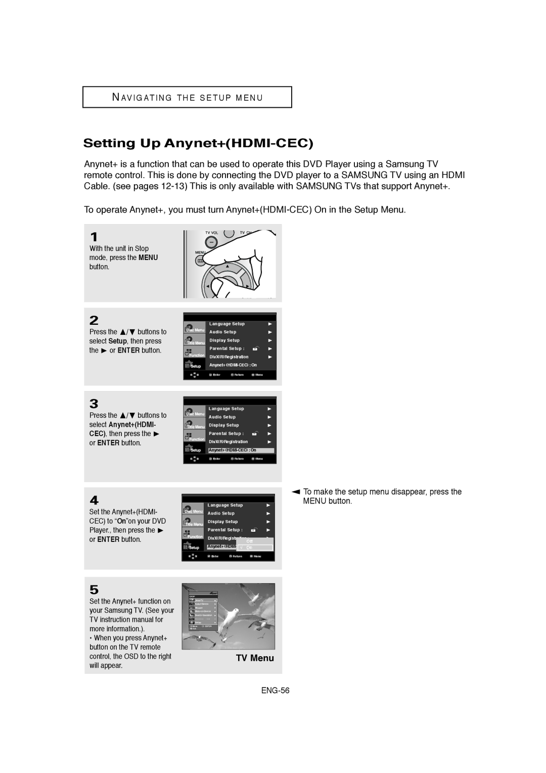 Samsung DVD-1080P8 manual Setting Up Anynet+HDMI-CEC, TV Menu 