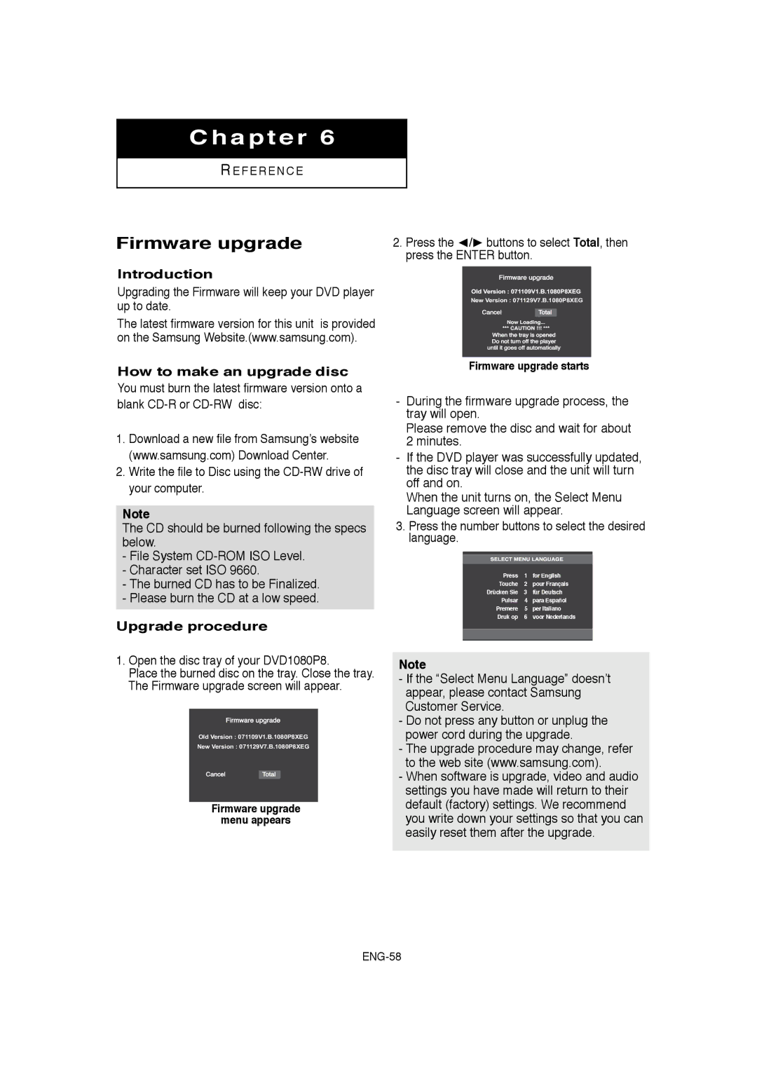 Samsung DVD-1080P8 manual Firmware upgrade, Introduction, How to make an upgrade disc, Upgrade procedure 