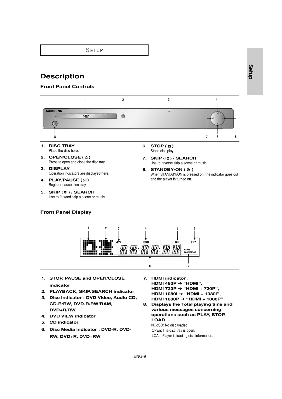 Samsung DVD-1080P8 manual Description, Front Panel Controls, Front Panel Display 