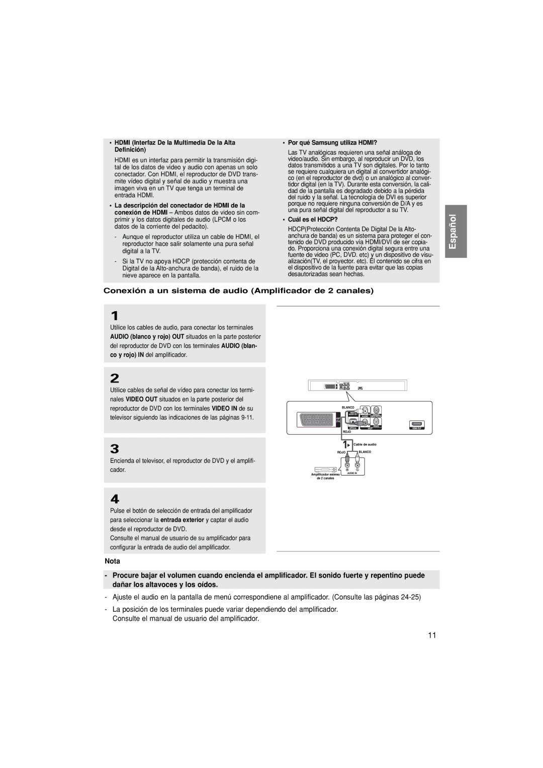 Samsung DVD-1080P8/XEC manual Conexión a un sistema de audio Amplificador de 2 canales, Por qué Samsung utiliza HDMI? 