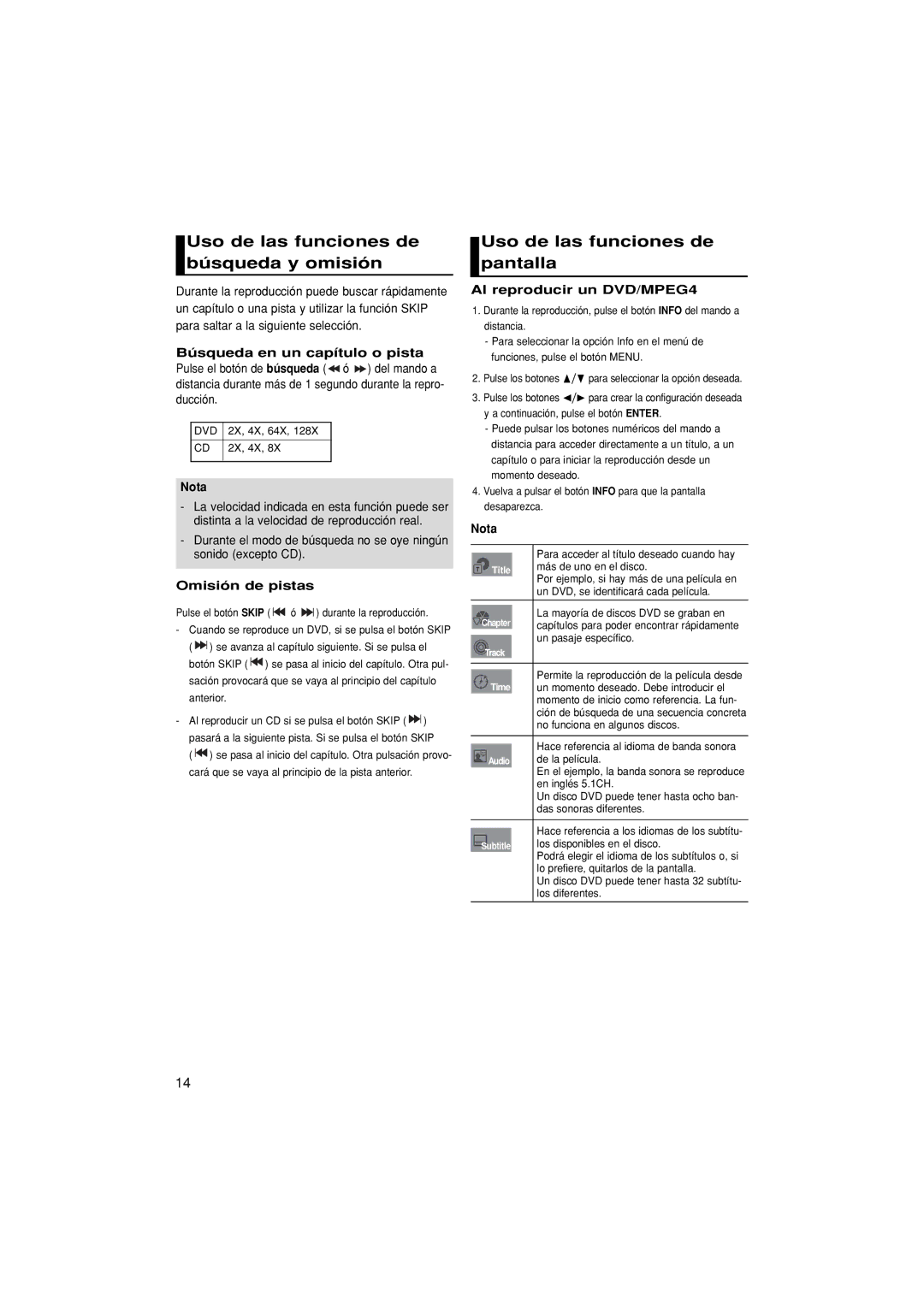 Samsung DVD-1080P8/EDC Uso de las funciones de búsqueda y omisión, Uso de las funciones de pantalla, Omisión de pistas 