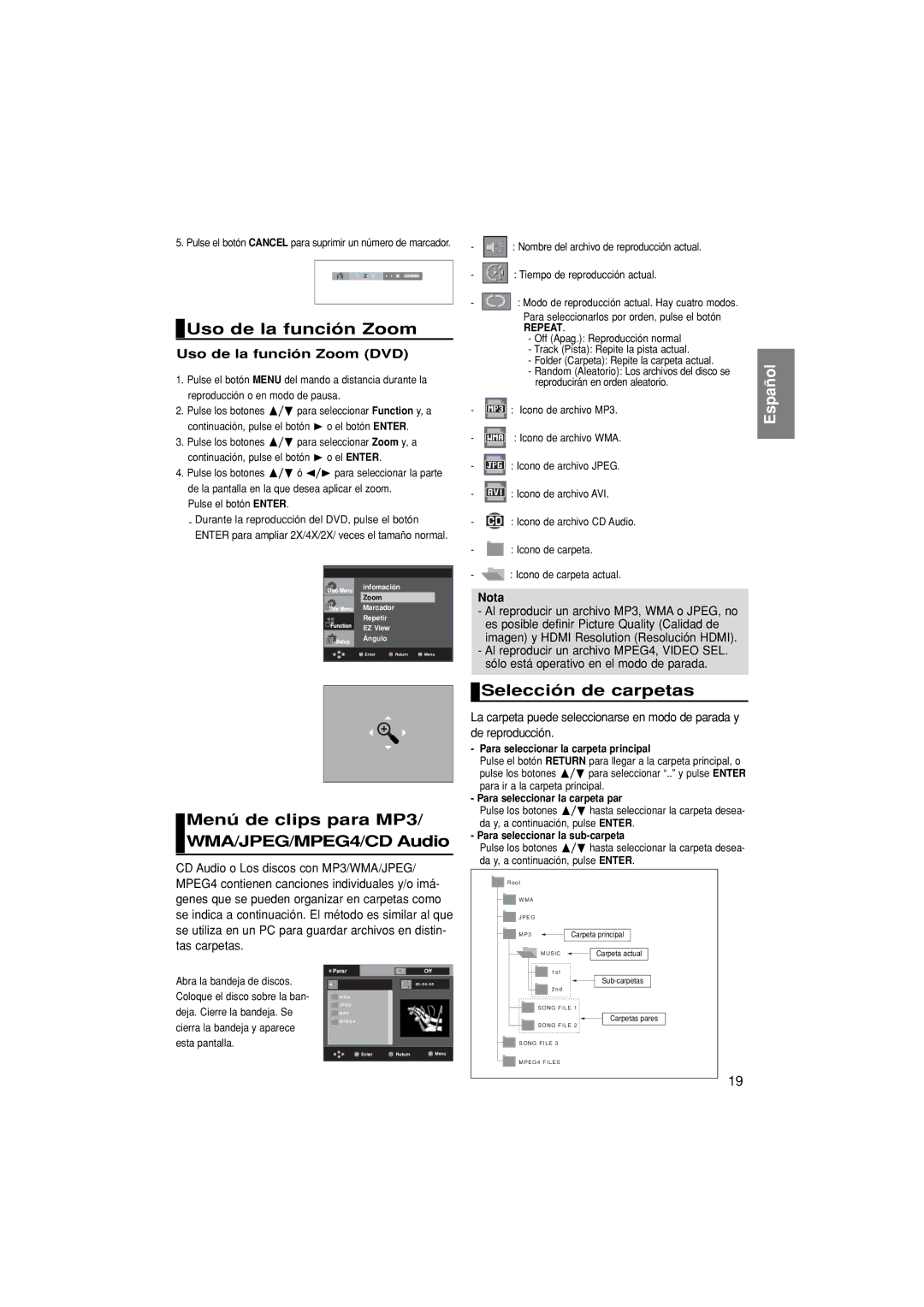 Samsung DVD-1080P8/XEC Uso de la función Zoom, Menú de clips para MP3/ WMA/JPEG/MPEG4/CD Audio, Selección de carpetas 