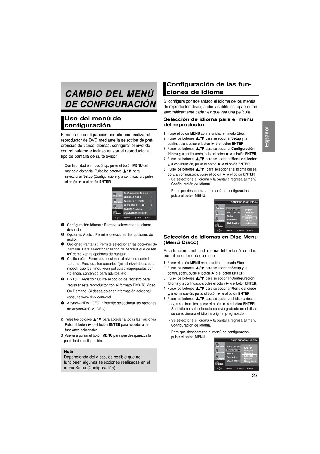 Samsung DVD-1080P8/XEC, DVD-1080P8/EDC manual Cambio DEL Menú DE Configuración, Uso del menú de configuración 