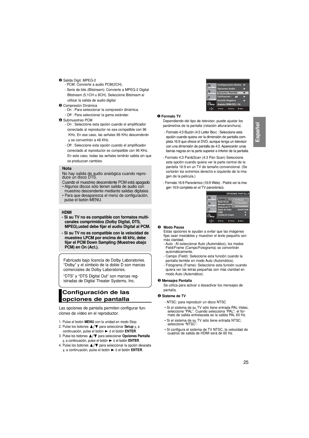 Samsung DVD-1080P8/XEC manual Configuración de las opciones de pantalla, ❶ Formato TV, ❷ Modo Pausa, ❸ Mensajes Pantalla 