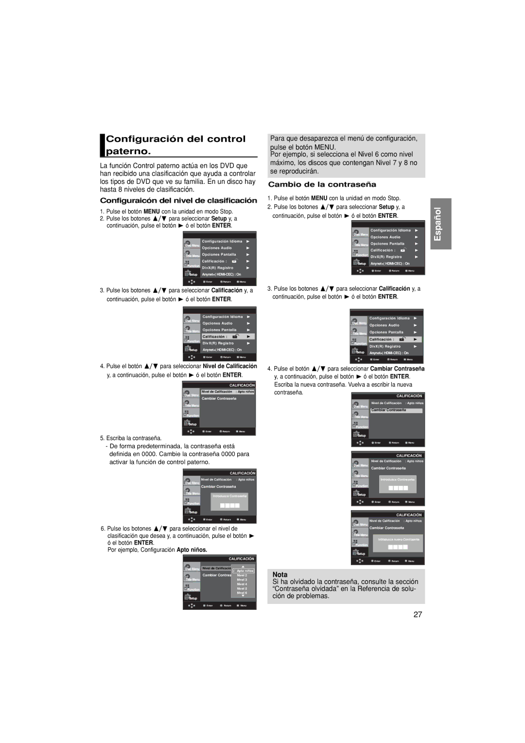 Samsung DVD-1080P8/XEC, DVD-1080P8/EDC manual Configuración del control paterno, Configuraicón del nivel de clasificación 