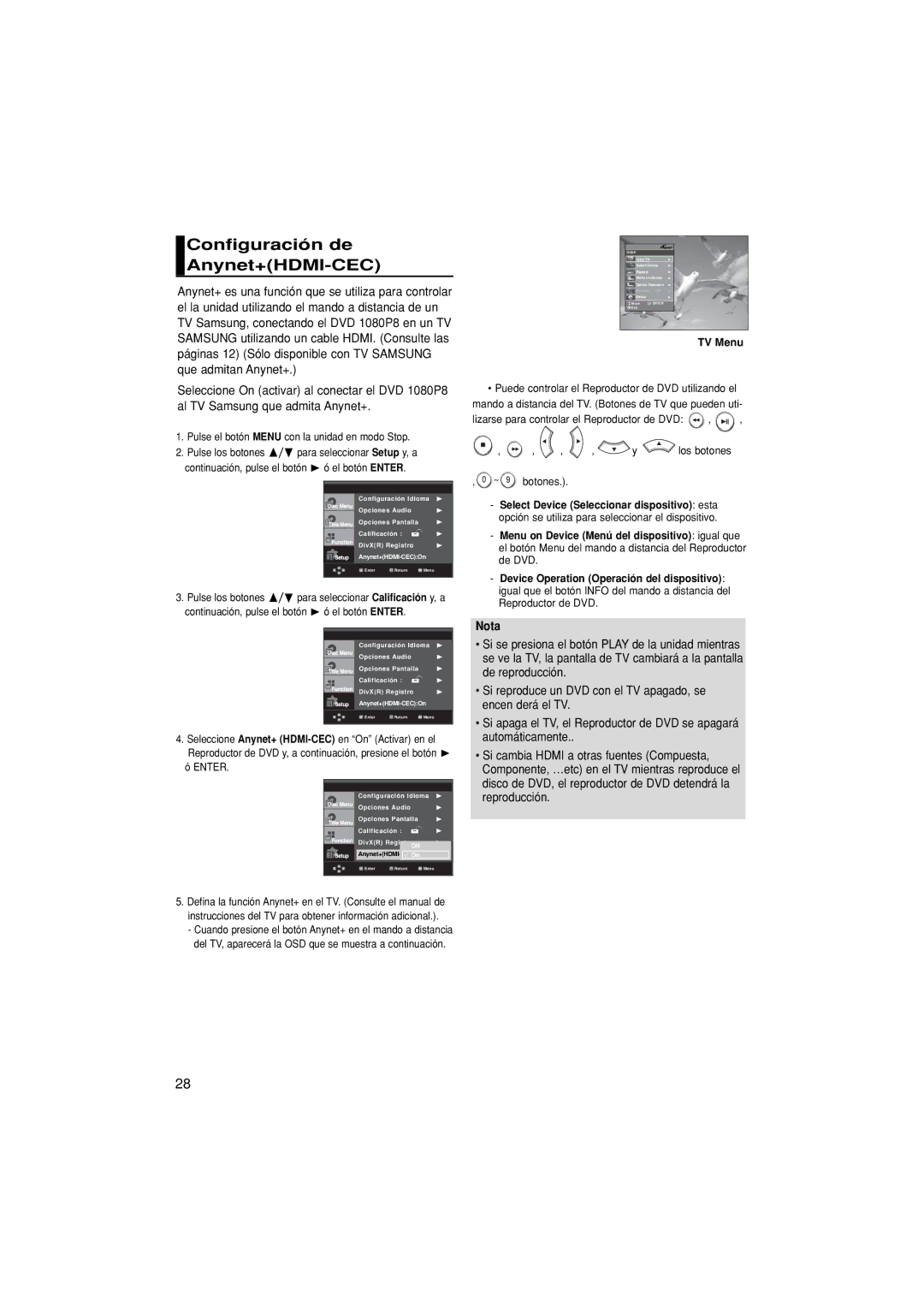 Samsung DVD-1080P8/EDC, DVD-1080P8/XEC manual Configuración de Anynet+HDMI-CEC, Enter, TV Menu, Botones 