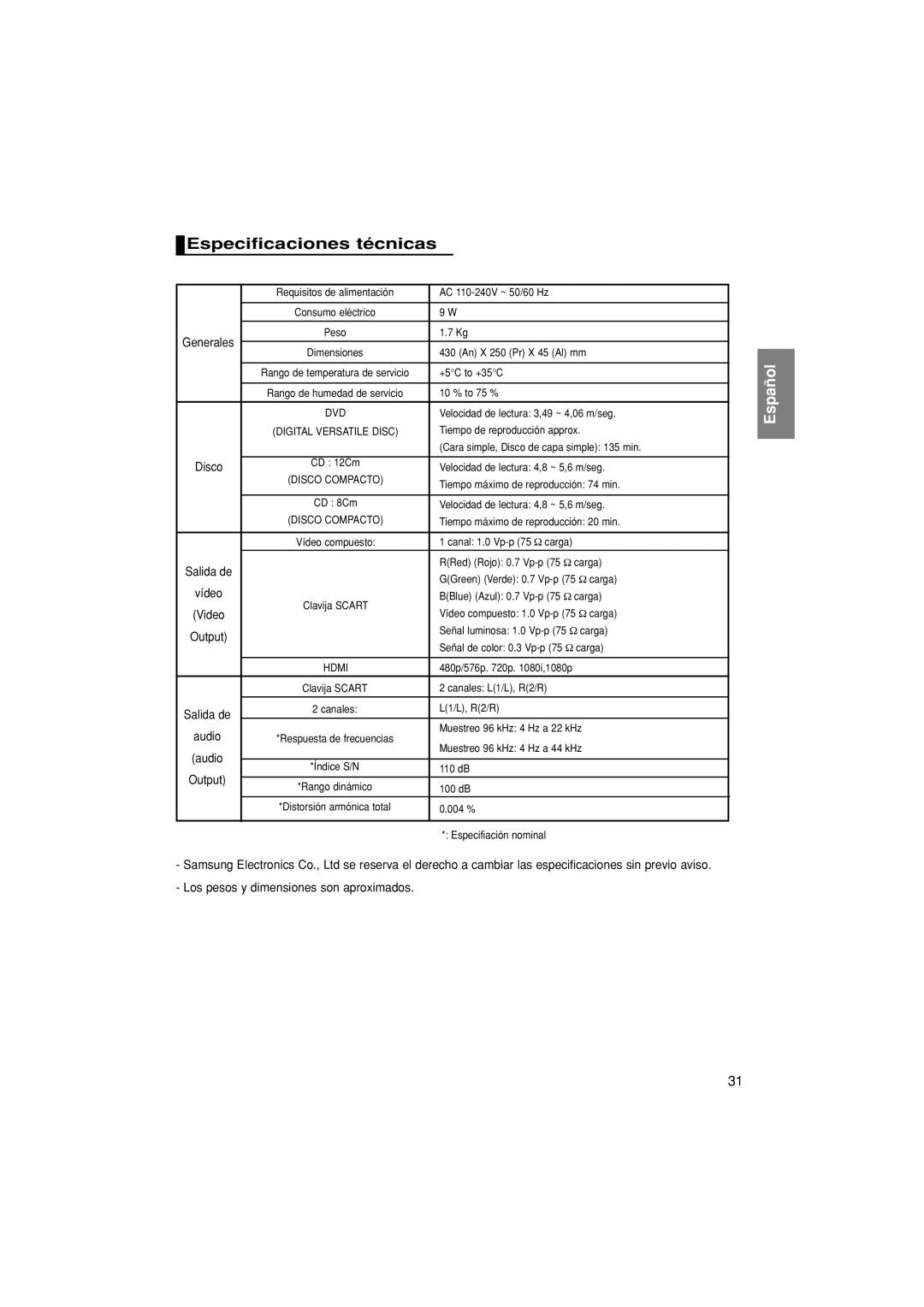 Samsung DVD-1080P8/XEC, DVD-1080P8/EDC manual Especificaciones técnicas 