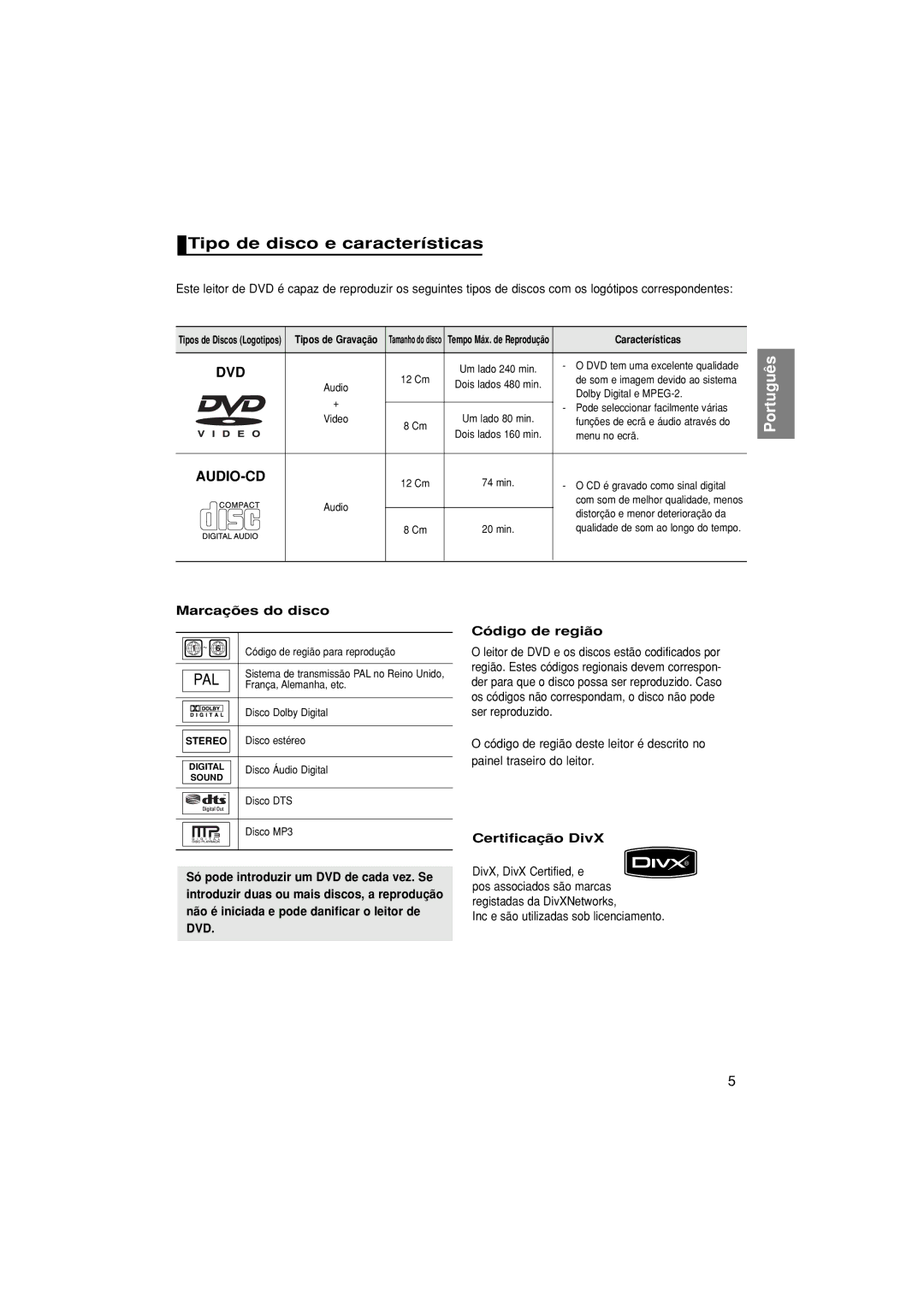 Samsung DVD-1080P8/EDC, DVD-1080P8/XEC manual Tipo de disco e características, Marcações do disco, Certificação DivX 