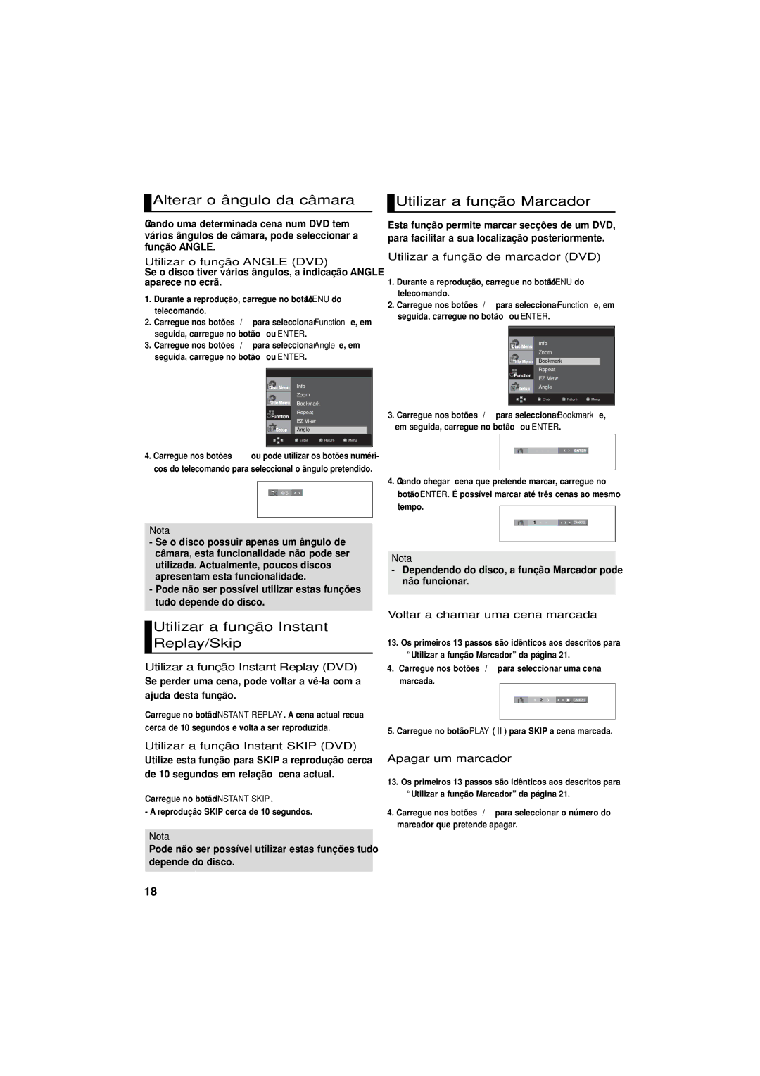 Samsung DVD-1080P8/XEC manual Alterar o ângulo da câmara, Utilizar a função Instant Replay/Skip, Utilizar a função Marcador 