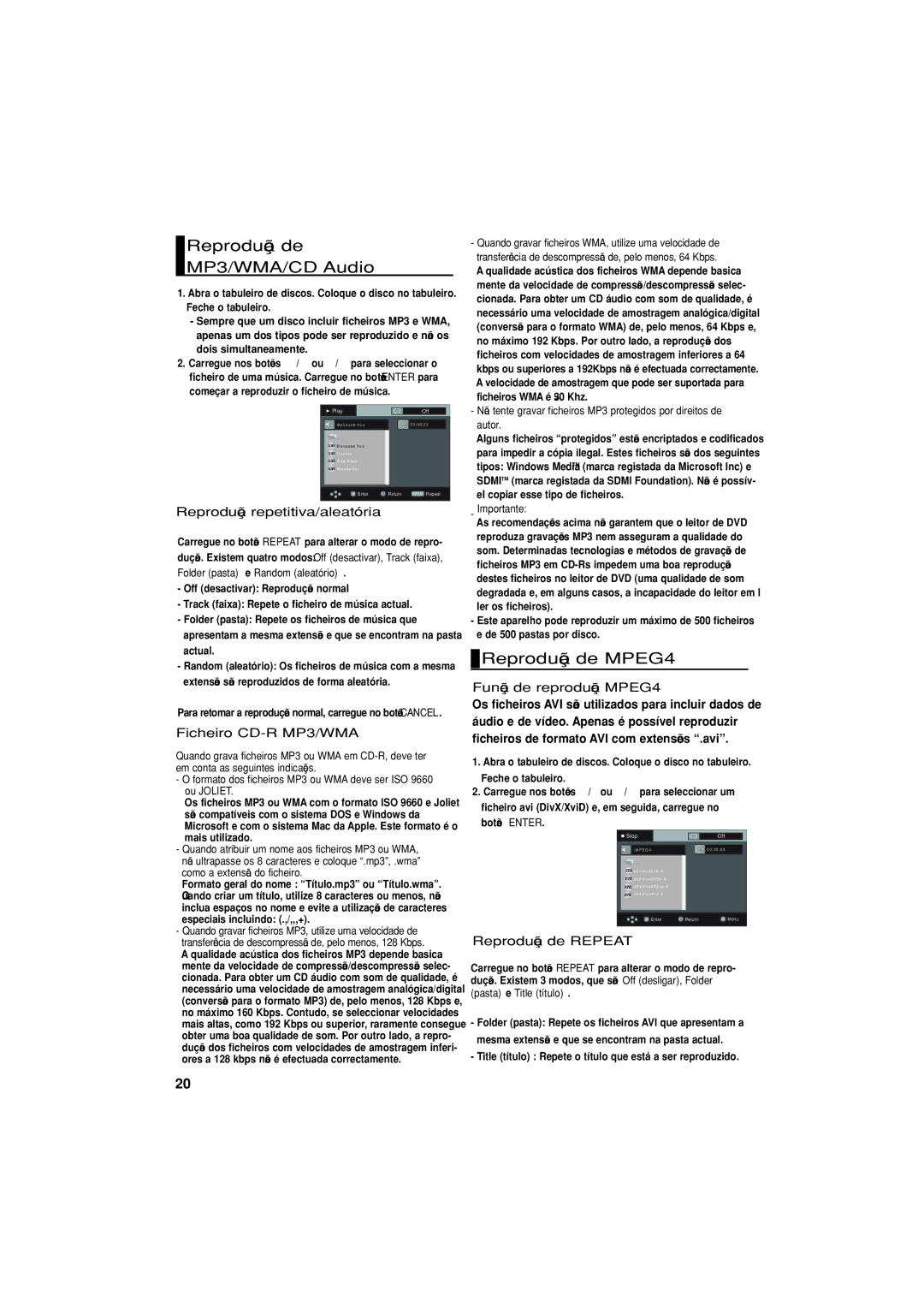 Samsung DVD-1080P8/XEC, DVD-1080P8/EDC manual Reprodução de MP3/WMA/CD Audio, Reprodução de MPEG4 