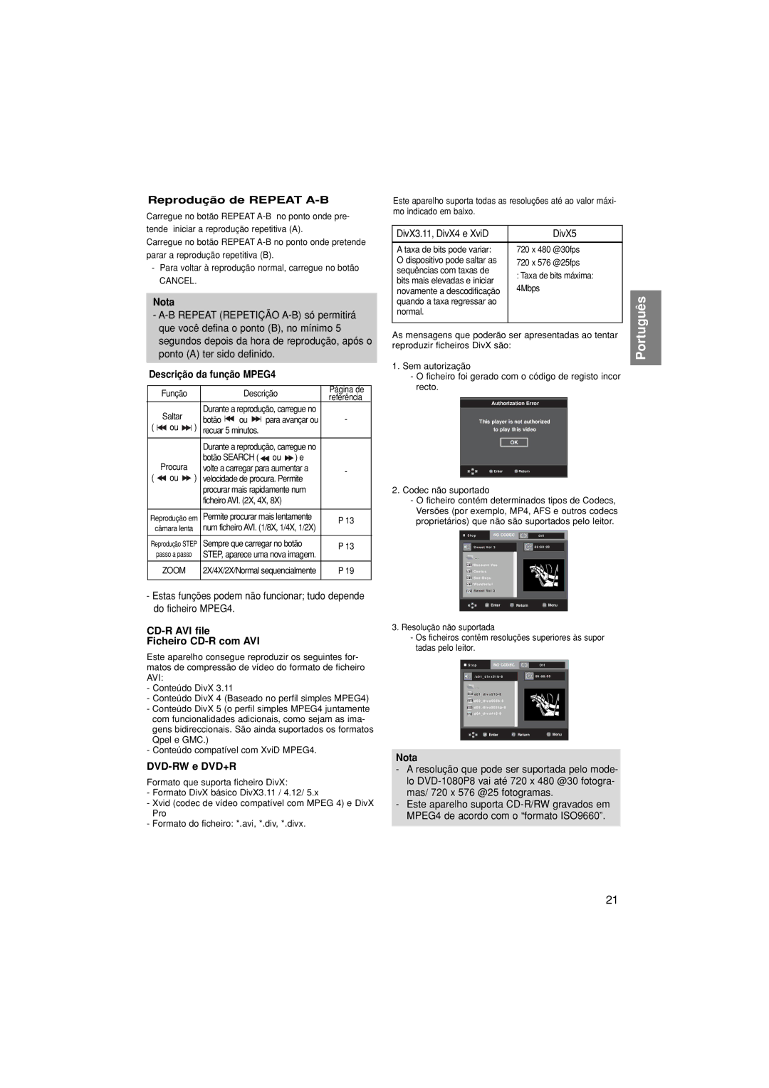 Samsung DVD-1080P8/EDC manual Reprodução de Repeat A-B, Descrição da função MPEG4, CD-R AVI file Ficheiro CD-R com AVI 