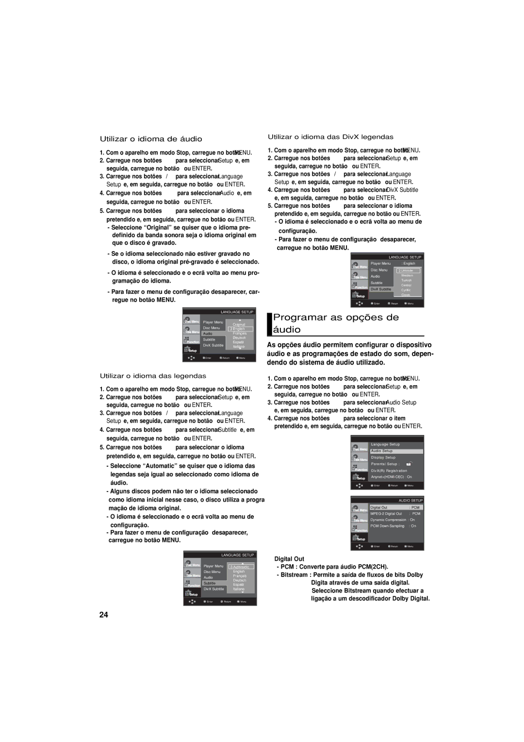 Samsung DVD-1080P8/XEC manual Programar as opções de áudio, Utilizar o idioma de áudio, Utilizar o idioma das legendas 