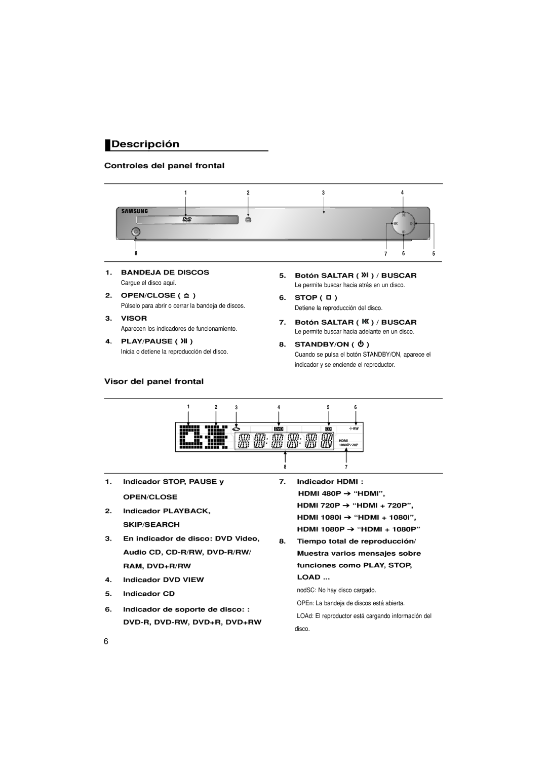 Samsung DVD-1080P8/EDC, DVD-1080P8/XEC manual Descripción, Controles del panel frontal, Visor del panel frontal, Open/Close 