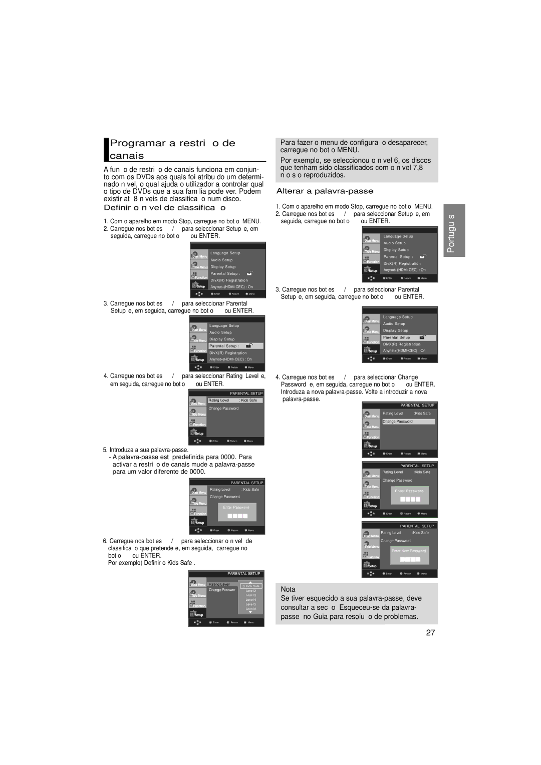 Samsung DVD-1080P8/EDC manual Programar a restrição de canais, Definir o nível de classificação, Alterar a palavra-passe 