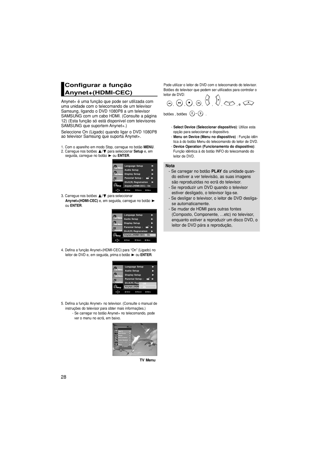 Samsung DVD-1080P8/XEC, DVD-1080P8/EDC manual Configurar a função Anynet+HDMI-CEC, TV Menu 