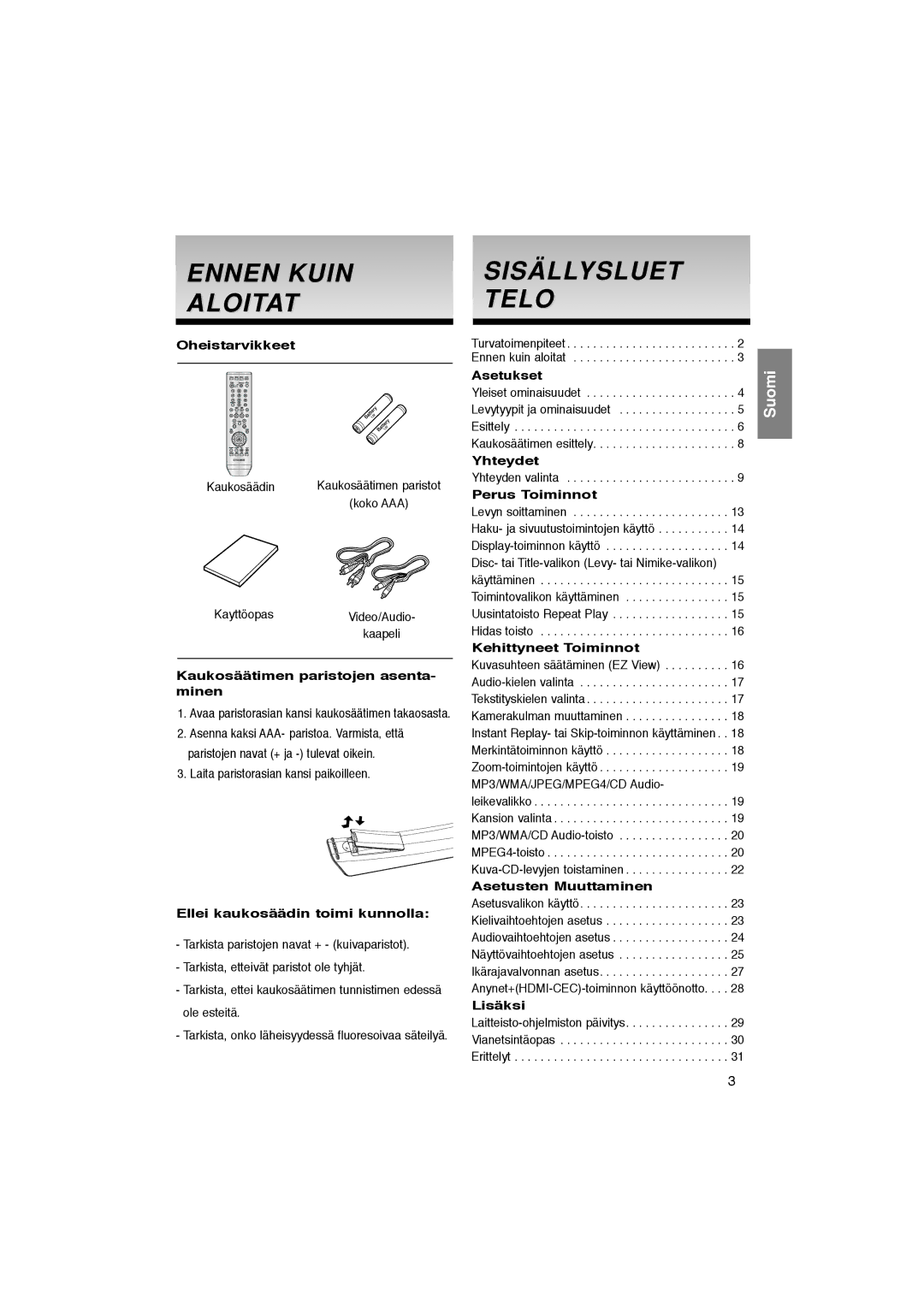 Samsung DVD-1080P8/XEE manual Ennen Kuin Aloitat, Sisällysluet Telo 