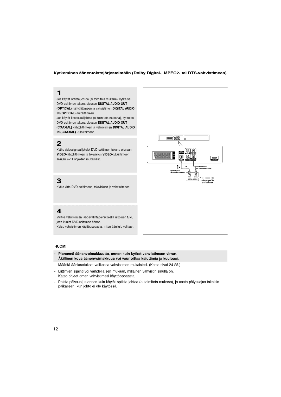 Samsung DVD-1080P8/XEE manual Kytke virta DVD-soittimeen, televisioon ja vahvistimeen 