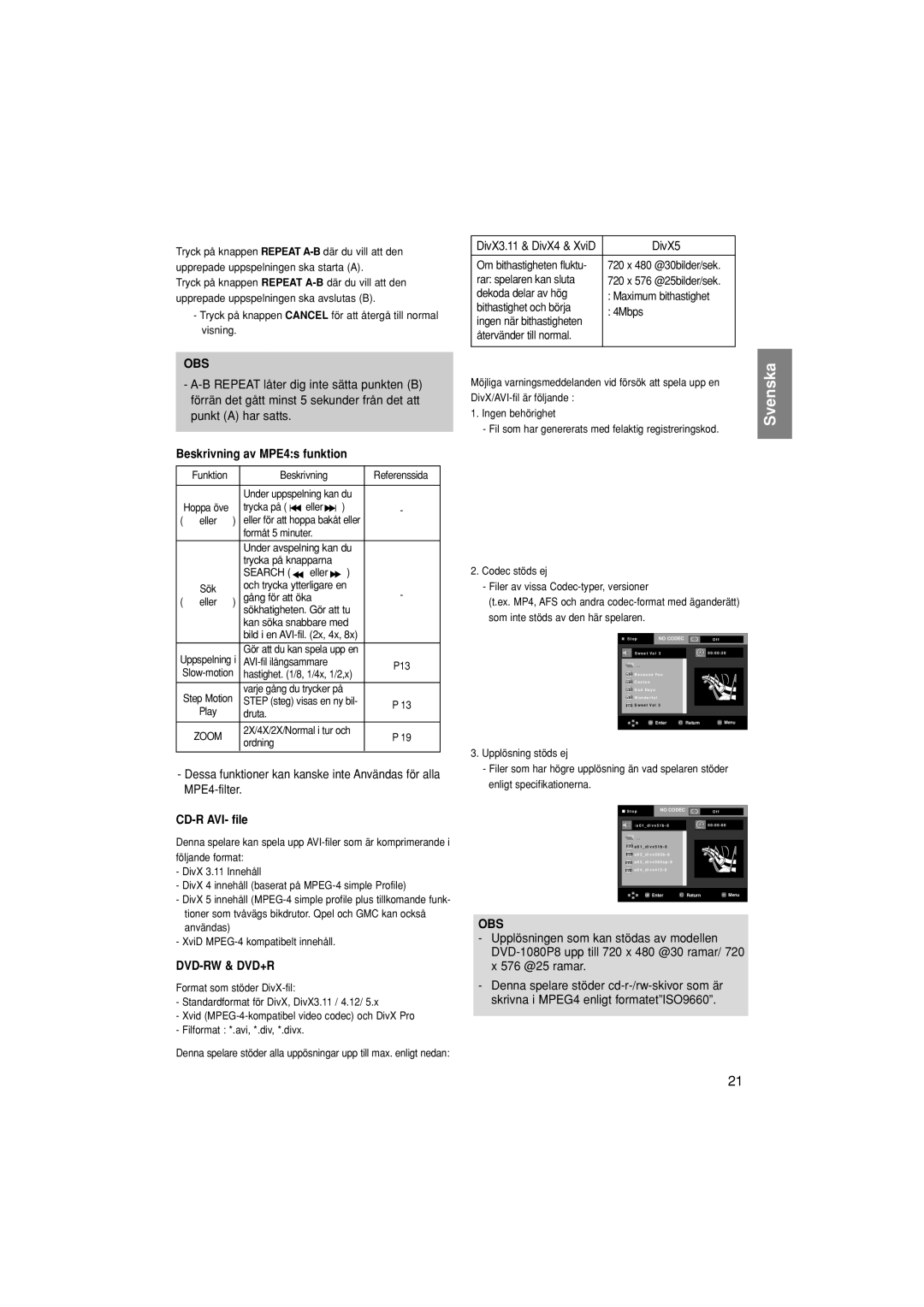 Samsung DVD-1080P8/XEE manual Beskrivning av MPE4s funktion, CD-R AVI- file, Dvd-Rw & Dvd+R, DivX5 