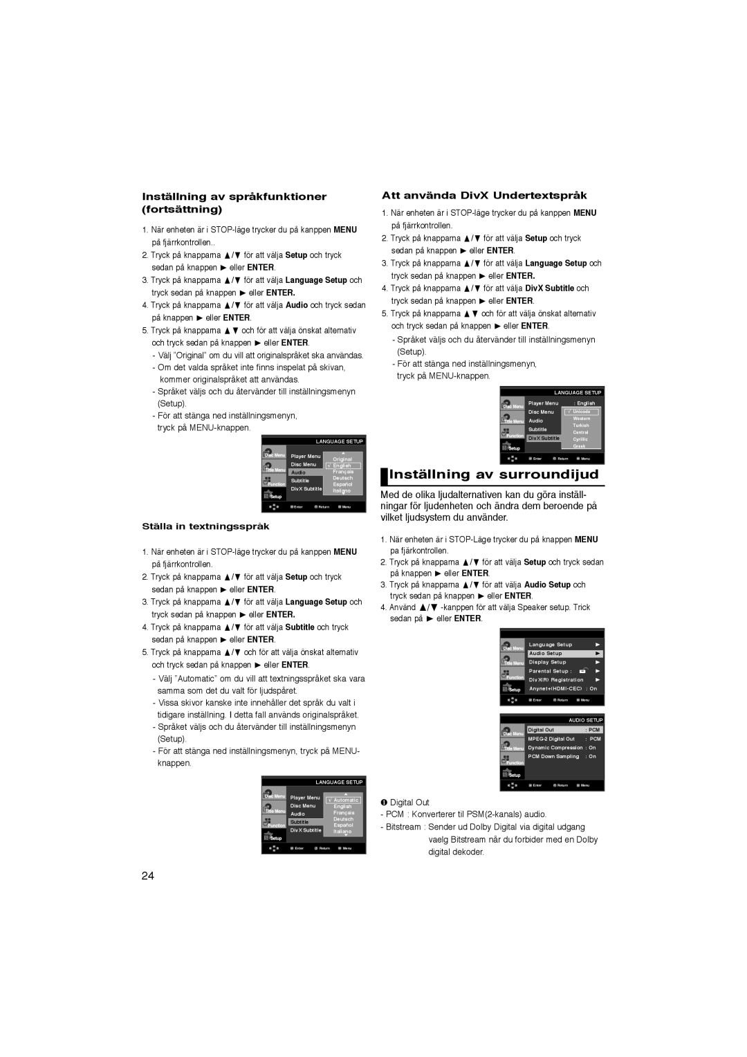 Samsung DVD-1080P8/XEE Inställning av surroundijud, Inställning av språkfunktioner fortsättning, Ställa in textningsspråk 