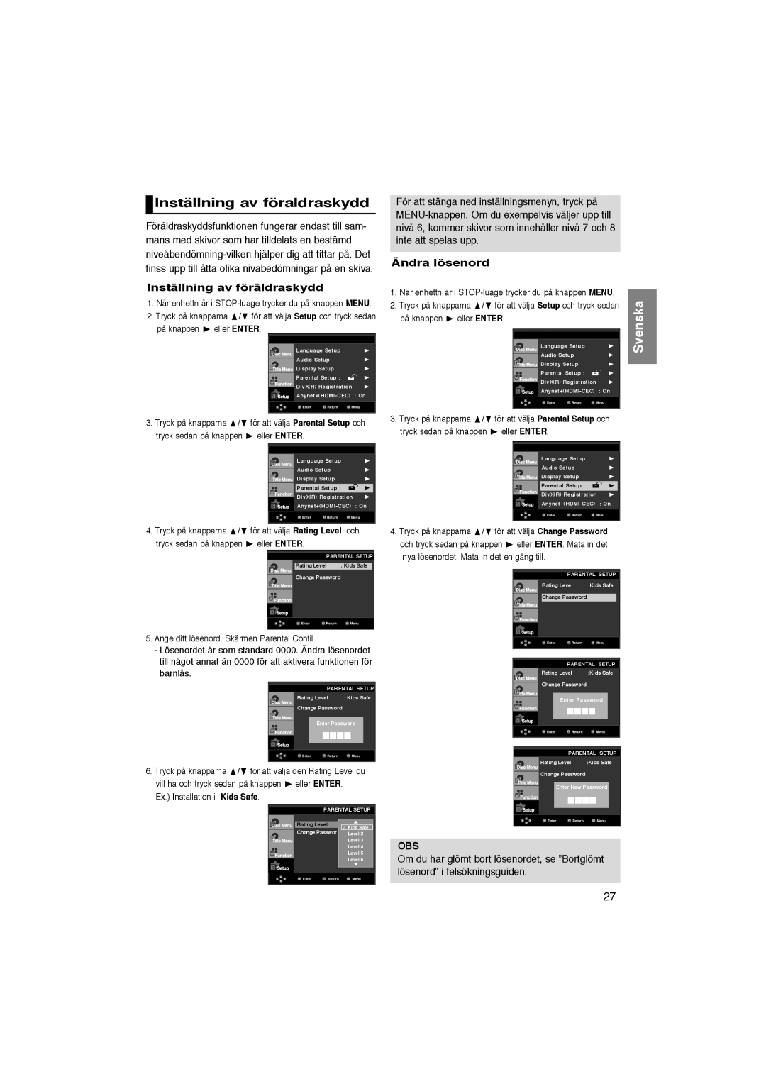 Samsung DVD-1080P8/XEE manual Inställning av föraldraskydd, Inställning av föräldraskydd, Ändra lösenord 