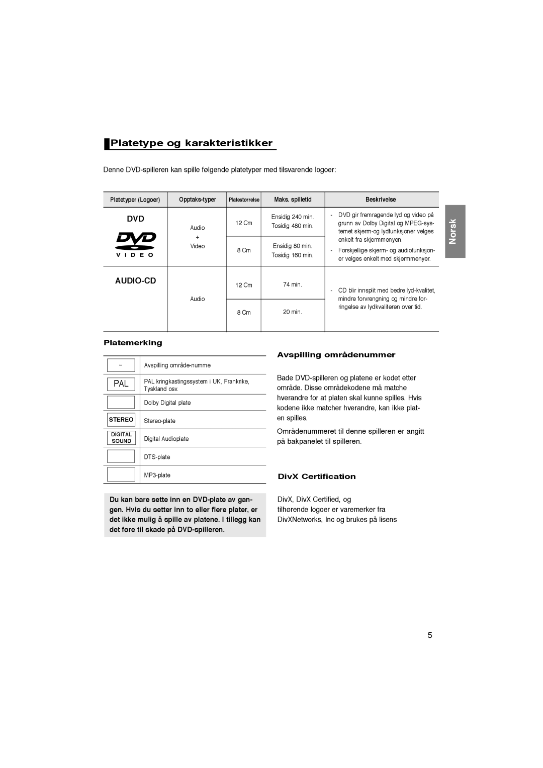 Samsung DVD-1080P8/XEE manual Platetype og karakteristikker 