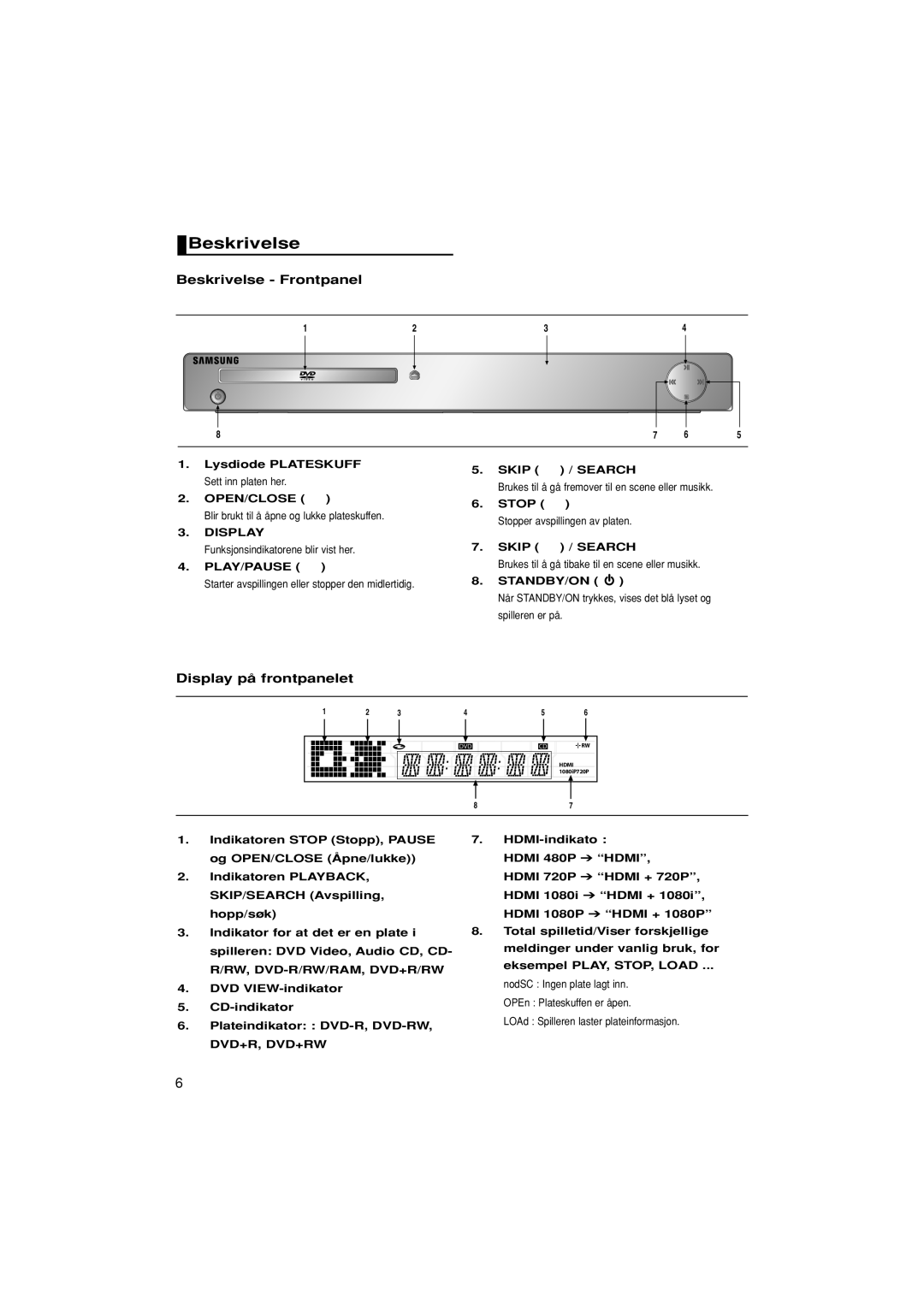 Samsung DVD-1080P8/XEE manual Beskrivelse Frontpanel, Display på frontpanelet, Skip / Search 