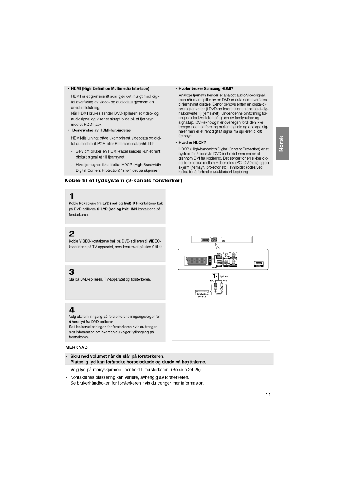 Samsung DVD-1080P8/XEE manual Koble til et lydsystem 2-kanals forsterker, Beskrivelse av HDMI-forbindelse, Hvad er HDCP? 