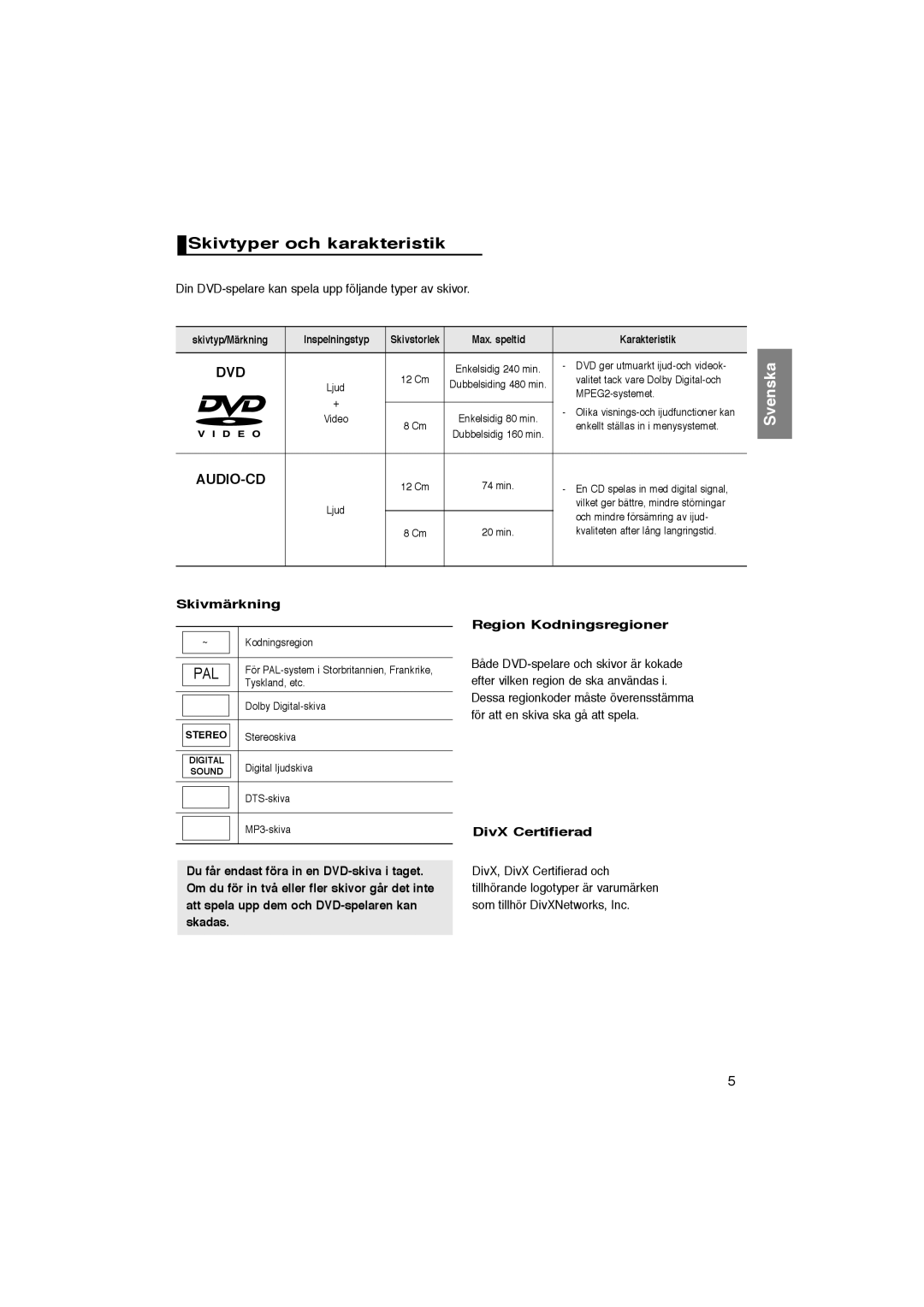 Samsung DVD-1080P8/XEE Skivtyper och karakteristik, Din DVD-spelare kan spela upp följande typer av skivor, Skivmärkning 