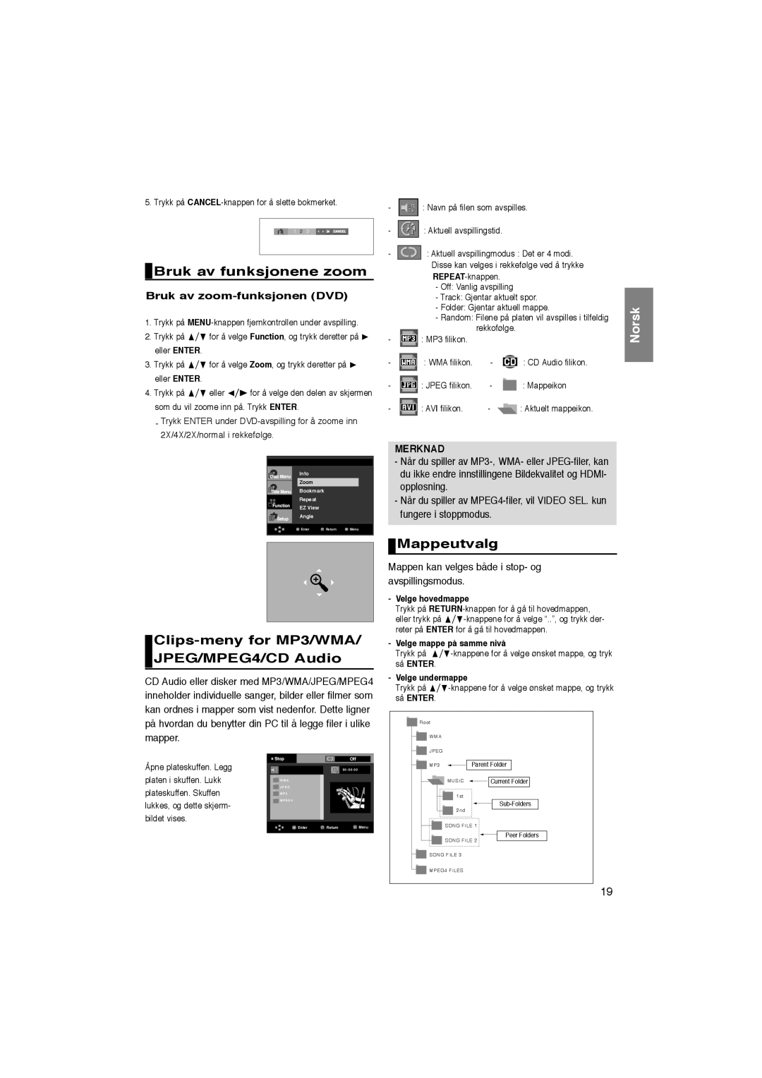 Samsung DVD-1080P8/XEE manual Bruk av funksjonene zoom, Clips-meny for MP3/WMA/ JPEG/MPEG4/CD Audio, Mappeutvalg 