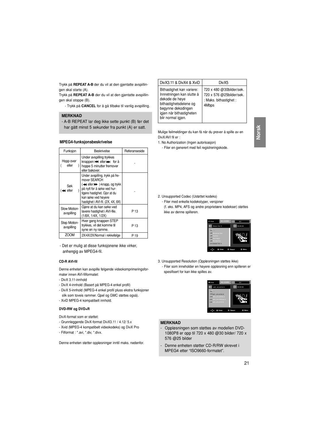 Samsung DVD-1080P8/XEE manual MPEG4-funksjonsbeskrivelse, CD-R AVI-fil, DVD-RW og DVD+R 