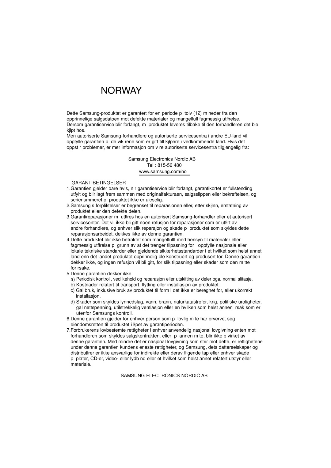 Samsung DVD-1080P8/XEE manual Norway 