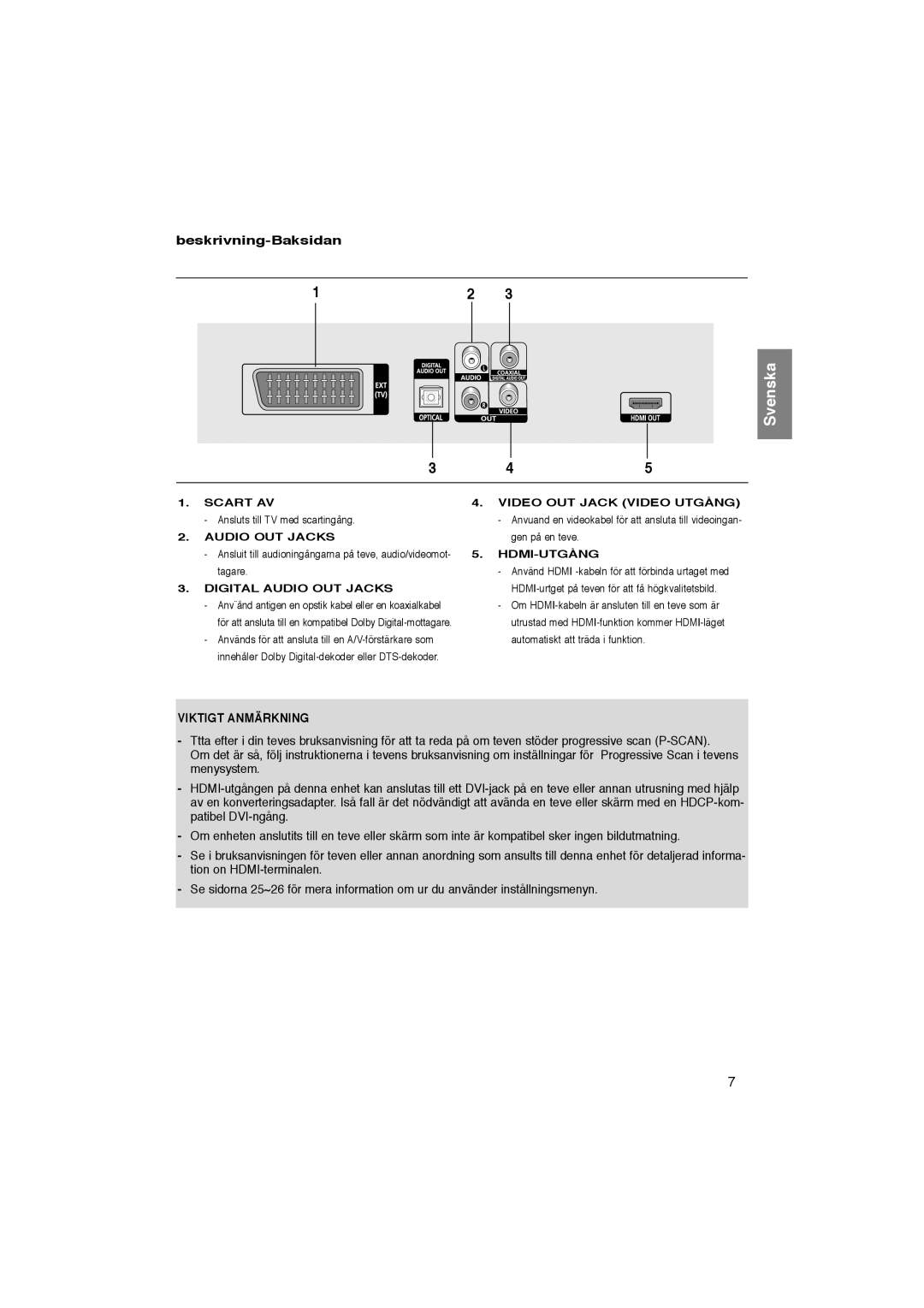 Samsung DVD-1080P8/XEE manual Beskrivning-Baksidan, Viktigt Anmärkning 