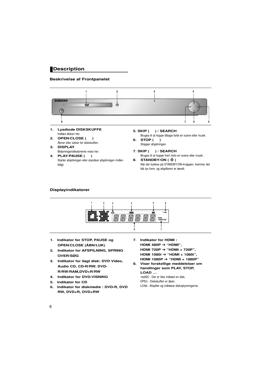 Samsung DVD-1080P8/XEE manual Description, Beskrivelse af Frontpanelet, Displayindikatorer 