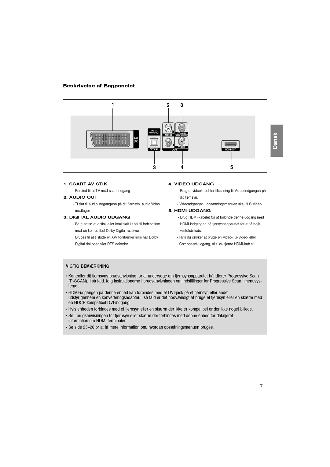 Samsung DVD-1080P8/XEE manual Beskrivelse af Bagpanelet, Vigtig Bemærkning 