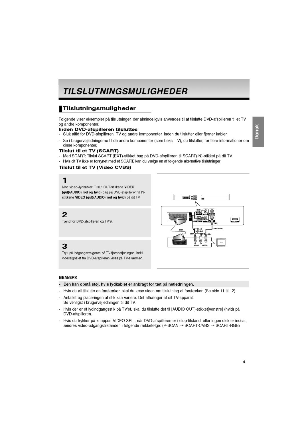 Samsung DVD-1080P8/XEE manual Tilslutningsmuligheder, Inden DVD-afspilleren tilsluttes, Tilslut til et TV Scart 