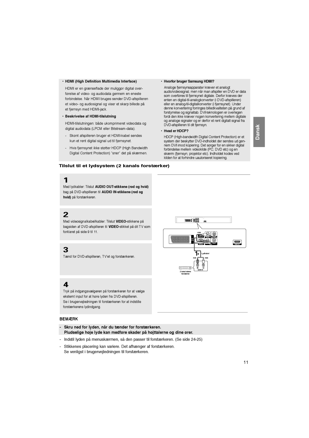 Samsung DVD-1080P8/XEE manual Tilslut til et lydsystem 2 kanals forstærker, Beskrivelse af HDMI-tilslutning 