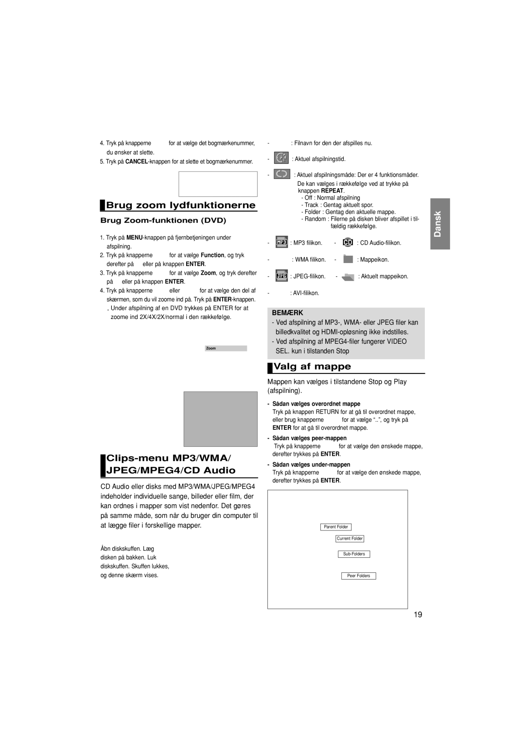 Samsung DVD-1080P8/XEE manual Brug zoom lydfunktionerne, Clips-menu MP3/WMA/ JPEG/MPEG4/CD Audio, Valg af mappe 