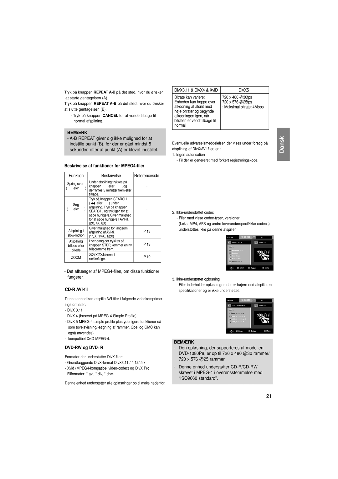 Samsung DVD-1080P8/XEE manual Beskrivelse af funktioner for MPEG4-filer, CD-R AVI-fil, DVD-RW og DVD+R 