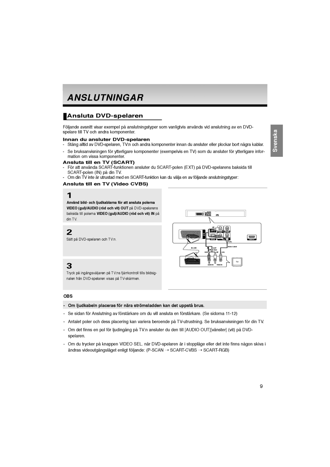 Samsung DVD-1080P8/XEE manual Anslutningar, Ansluta DVD-spelaren, Obs 