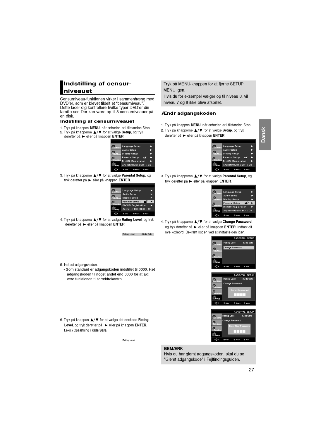 Samsung DVD-1080P8/XEE manual Indstilling af censur- niveauet, Indstilling af censurniveauet, Ændr adgangskoden 